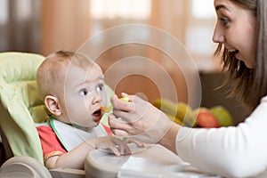 Mom giving homogenized food to her baby son on high chair.