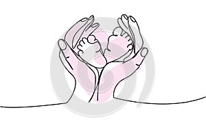 Mom hands hold the legs of a newborn one line art with colorful elements. Continuous line drawing of motherhood, family