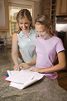 Mom helping daughter with homework.