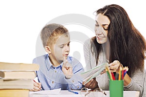 Mom helps her son to do homework, isolated on a white background. Tenderness, love