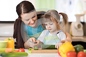 Mom with her daughter in kitchen preparing healthy food with fresh vegetables, home parenting lifestyle