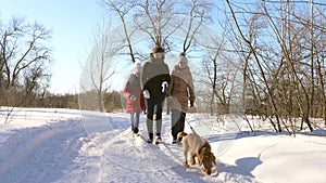 Mom with her daughters and dog are walking in winter park during Christmas holidays. family walks with beloved dog along