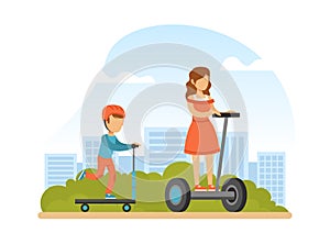 Mom and Her Son Riding Hoverboards in Summer Park, Eco Electric Transport Concept Cartoon Vector Illustration