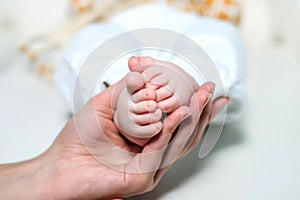 Mom holding baby feet on a white background