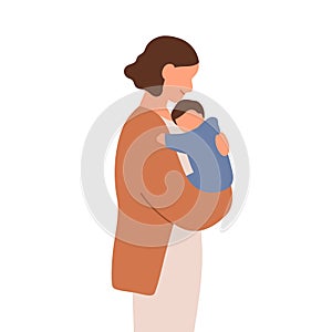 Mom holding newborn baby. Woman mother with infant kid in arms. Happy mum, mommy, female parent with child in hands