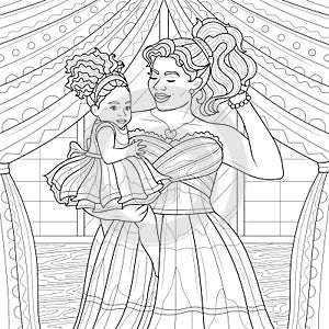 Mom holds her daughter in her arms.Coloring book antistress for children and adults. Illustration isolated on white