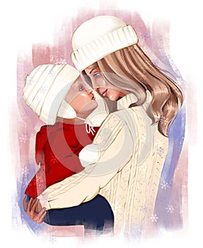 Mom hugs the baby, face to face. Caucasian other and baby with blond hair and blue eyes in winter clothes hug. Illustration for