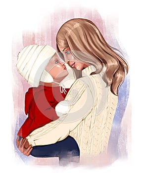 Mom hugs the baby, face to face. Caucasian other and baby with blond hair and blue eyes in winter clothes hug. Illustration for