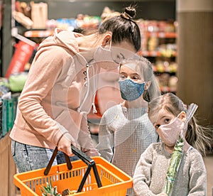 Mom and kids are shopping at the grocery store