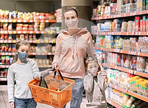 Mom and kids are shopping at the grocery store