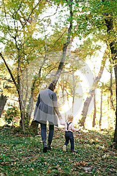 Mom and a little girl are walking up a wooded hill, holding hands. Back view