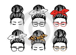 Mom with a Messy Bun, Mom lifestyle, Women face silhouette with hair bun and bandana bow bundle