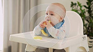 mom Mother feed young baby in white feeding up high chair, first supplement vegetable puree Happy smiling kid eat for