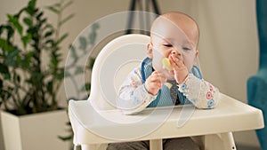 mom Mother feed young baby in white feeding up high chair, first supplement vegetable puree Happy smiling kid eat for