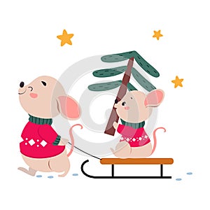 Mom Mouse Sledding her Baby with Spruce Tree, Xmas Animal Cartoon Character, Merry Christmas and Happy New Year Vector