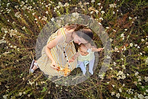 Mom and newborn baby play with a wooden toy biplane among the wildflowers. Portrait of a happy mother and newborn daughter in a