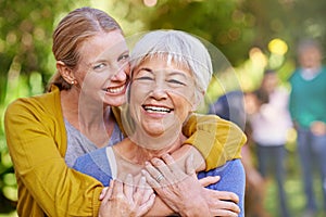 Mom, old woman and laughing with hug outdoor for happiness, love and care in portrait on holiday. Elderly mama, lady and