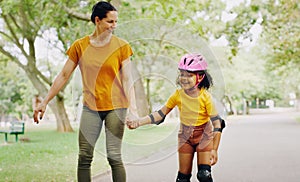 Mom, park and holding hands to rollerskate with child with care, learning and support. Interracial parent, teaching and