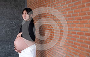 Mom pregnant woman in a dress holds hands on belly on red brick background, Waiting for the birth of your baby with love