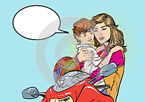 Mom puts on her son`s helmet for a safe ride. Mom teaches her son to ride a cycle hand-drawn picture. The character of a