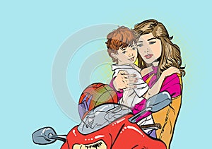 Mom puts on her son`s helmet for a safe ride. Mom teaches her son to ride a cycle hand-drawn picture. The character of a