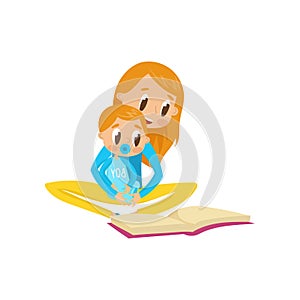 Mom reading a book to her baby, family, early development concept vector Illustration on a white background