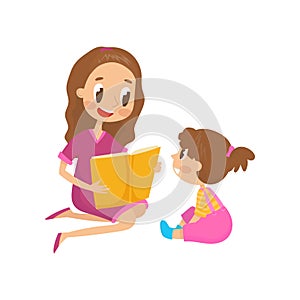 Mom reading a book to her little daughter, family, early development concept vector Illustration on a white background