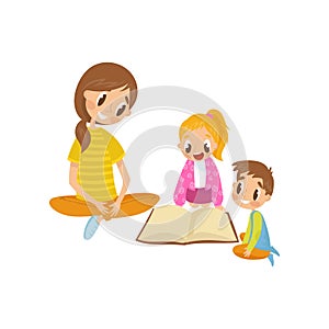 Mom reading a book to her son and daughter, family, early development concept vector Illustration on a white background