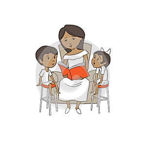 Mom reading a book to her young children