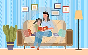 Mom reading tale and teaching her little daughter. Mother with book tells bedtime story to child