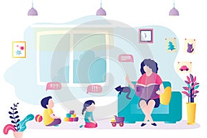 Mom reads book to children. Mother is sitting in chair, boy and girl are sitting on floor. Children`s room interior. Cute kids