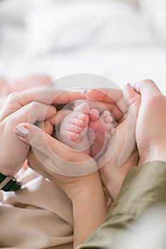 Mom`s and father hands are holding little cute legs of a newborn baby at home on a white bed