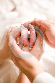 Mom`s and father hands are holding little cute legs of a newborn baby at home on a white bed.