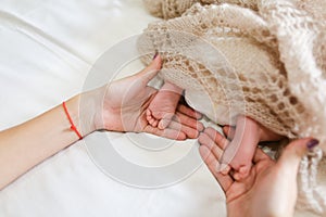 Mom`s holding in hands tiny feet of newborn baby, covered knitte