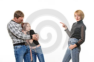 Mom scolds daughter, father takes pity on daughter, isolated on white background