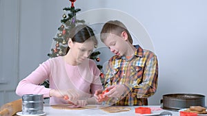 Mom and son baking making cooking gingerbread cookies together at home.