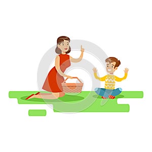 Mom And Son Having Picnic, Happy Family Having Good Time Together Illustration