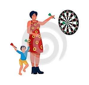 Mom and son at home. Vector illustrations mother play darts with child