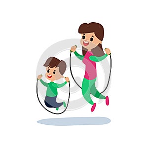 Mom and son jumping with skipping rope together, sport family and physical activity with children vector Illustration