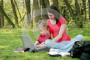 Mom and son on laptop