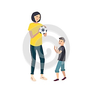 Mom and son playing football or soccer. Mother and boy child performing sports game activity. Cute cartoon characters