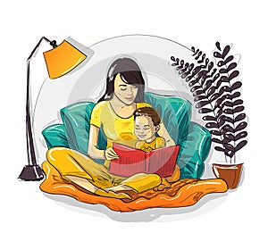 Mom with son reading book at home