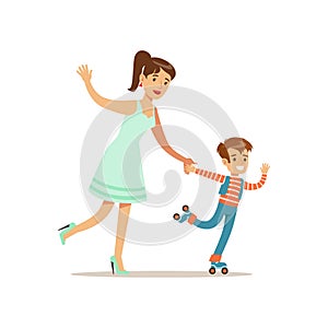 Mom And Son Roller Skating, Loving Mother Enjoying Good Quality Mommy Time With Happy Kid