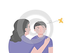 Mom talking with ADHD boy, he having a short attention span and being easily distracted. Flat vector illustration