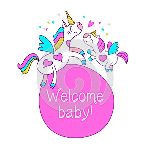 Mom unicorn and baby unicorn. Welcome, kiddo. Baby shower party.