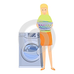 Mom wash machine icon cartoon vector. Woman housewife