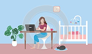 Mom works at home remotely with laptop. Baby sleeping in crib