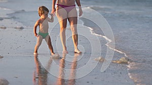 Mom worries about her son and tells him about poisonous jellyfish walking along the beach strewn with jellyfish