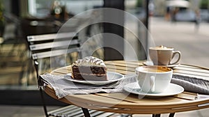 A Moment of Bliss with Latte Coffee and Chocolate Cake on the Inviting Terrace of a Bar