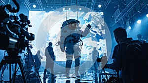 Moment on film set designed to simulate space environment. Actor in astronaut costume against large screen displaying